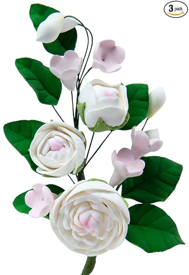 O'Creme Gumpaste Flower Spray, Mini White-&-Pink English Rose 5.5 x 4 - Edible Flowers for Cake