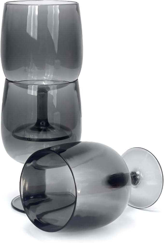 Yalin Set of 6 Unbreakable 12 oz Acrylic Plastic Wine and Water Tumbler Stackable Goblets. (Gray