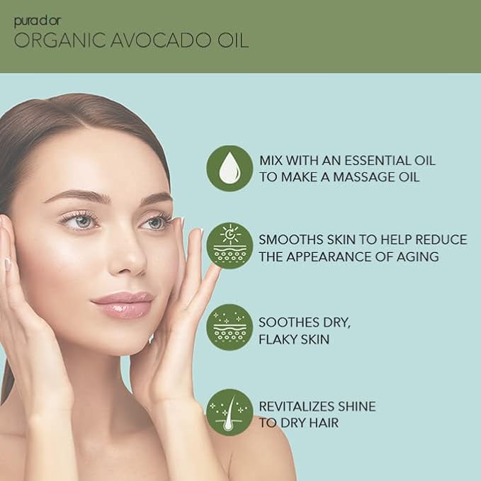 PURA D'OR 16 Oz ORGANIC Avocado Oil - 100% Pure & Natural USDA Certified Cold Pressed Carrier Oil