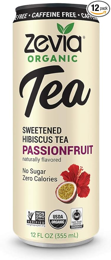 Zevia Zero Sugar Tea, Hibiscus Tea with Passionfruit Caffeine Free, 12 oz Cans (12-Pack)