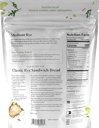 King Arthur Baking Organic Medium Rye Flour - 3 lbs for Complex Flavorful Breads & Baked Goods