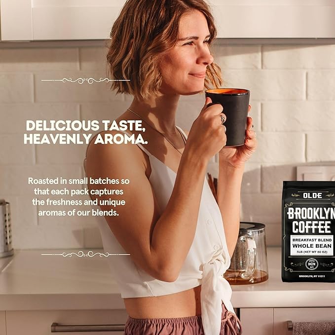 BROOKLYN COFFEE Whole Bean, Breakfast Blend Light Medium Roast (5lb) Delicate, Smooth, Low Acidity