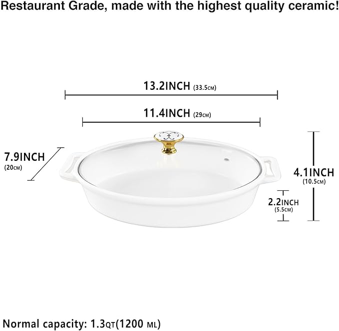 11" x 7" Ceramic Oval Casserole Dish with Glass Lid, 1.3 Quart White Serving Soup Tureen,Chafing