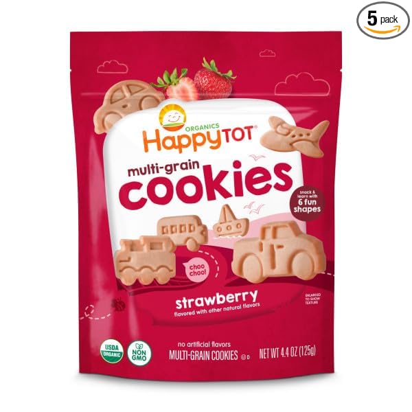 Happy Tot Organic Multi-Grain Cookies Toddler Snack, Fun Transportation Shapes, Strawberry, 4.4