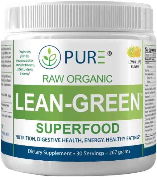 PURE Greens Superfood Raw Organic Drink Mix, Lemon Lime Flavor, Spirulina, Chlorella, 30 Servings