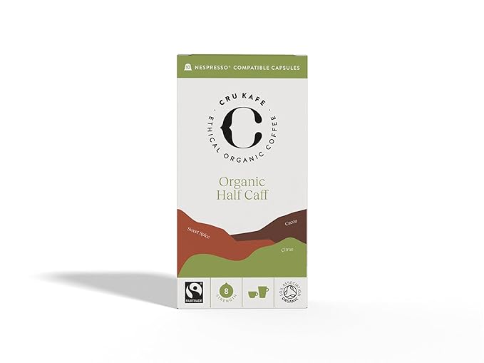 Cru Kafe USDA Organic Half Caff Espresso Coffee Capsules (50 Pods) Fairtrade Coffee Pods Compatible