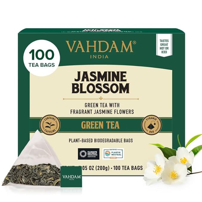 VAHDAM, Jasmine Green Tea Bags (100 Count) Med Caffeine, Non GMO | High Grown Green Tea Blended