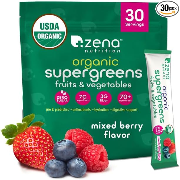 Zena Nutrition Organic Super Greens Powder, 70+ Superfoods, 0 Sugar, 3G Fiber, Spirulina