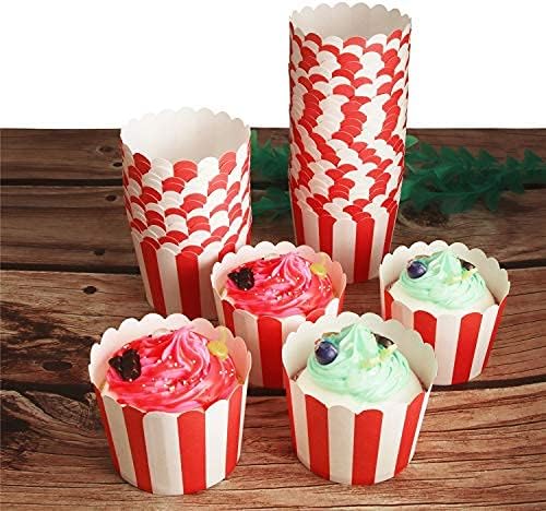 100 Pack Muffin Liners Baking Paper Cups Red and White Stripes Cupcake Liners Elegent Muffins