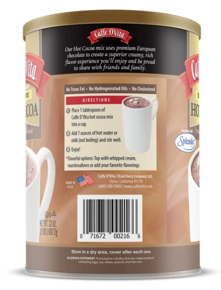 Caffe D'Vita Sugar Free Hot Cocoa Mix - Sugar Free Hot Chocolate Mix, Gluten Free, Low Fat, No