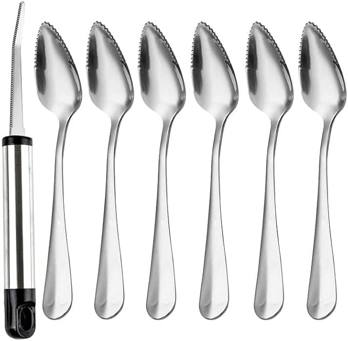 WXJ13 7 PCS Grapefruit Spoons and Grapefruit Knife, Stainless Steel Grapefruit Dessert Spoon