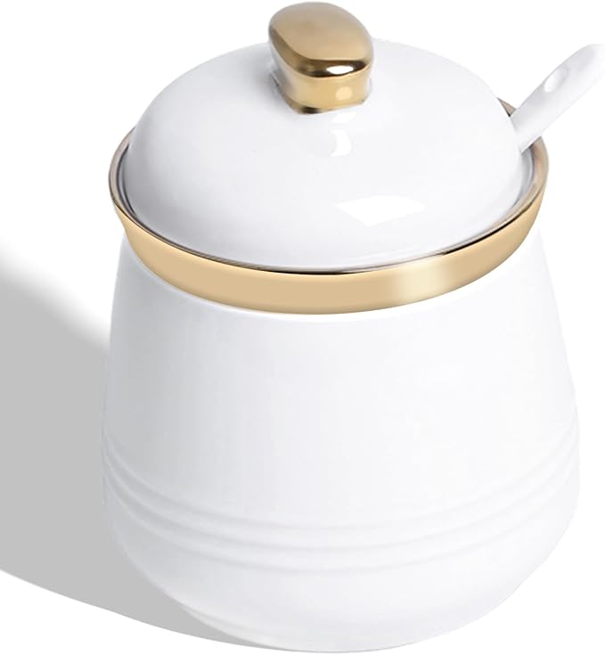 HAOTOP 12oz Sugar Bowl with Lid and Spoon,Simple Ceramic Sugar Jar Sugar Container Sugar Dispenser