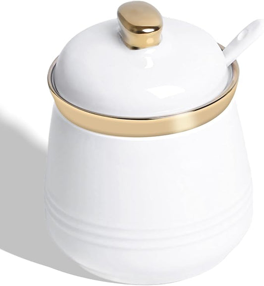 HAOTOP 12oz Sugar Bowl with Lid and Spoon,Simple Ceramic Sugar Jar Sugar Container Sugar Dispenser