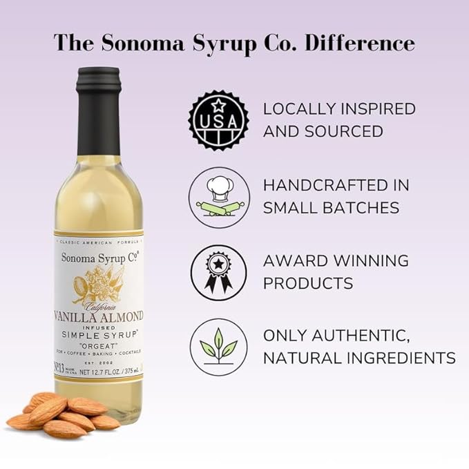 Sonoma Syrup Co. Vanilla Almond Infused Simple Syrup 12.7 fl oz | for Cocktails, Tea, and Baking |