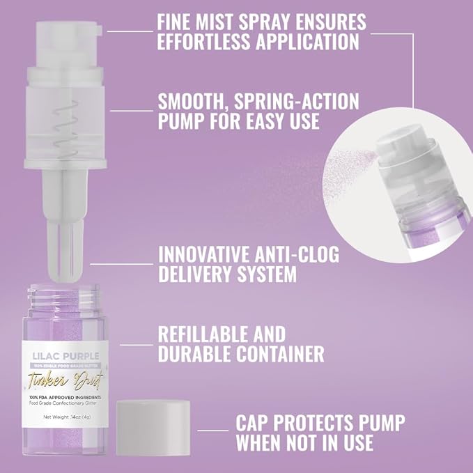 Bakell - Lilac Purple Tinker Dust (4g, 1x Mini Spray Pump) Edible Glitter for Food, Desserts, and