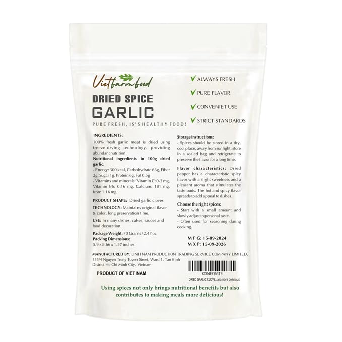 DRIED GARLIC CLOVES 2.47 Oz (70g) VIETFARMFOOD: Pure, natural freeze-dried spice made from real