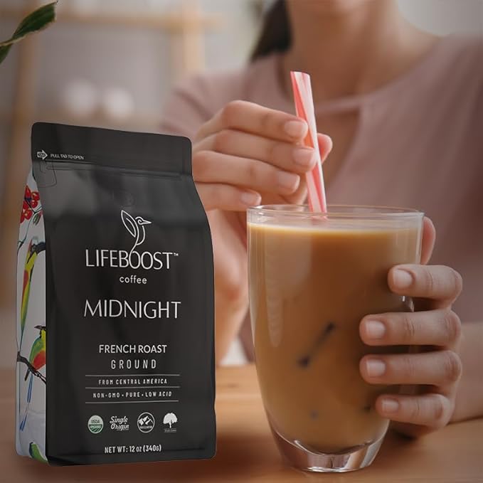 Lifeboost Midnight French Roast Coffee Ground - Non-GMO Single Origin USDA Organic Low Acid Coffee