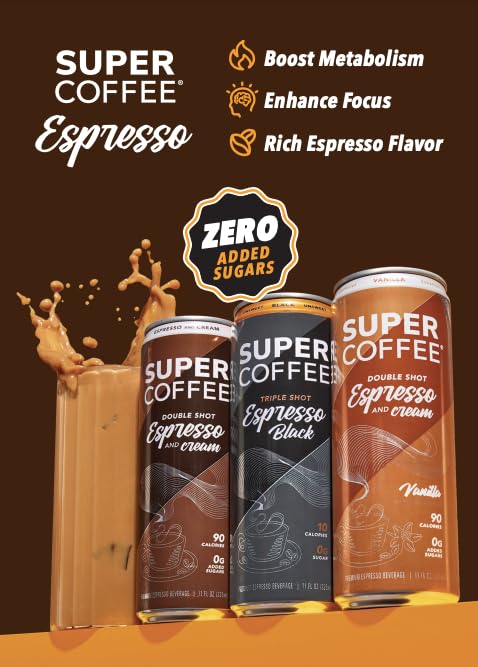 SUPER COFFEE Espresso, Iced Keto Coffee (0g Added Sugar, 90 Calories) [Vanilla] 11 Fl Oz, 12 Pack |
