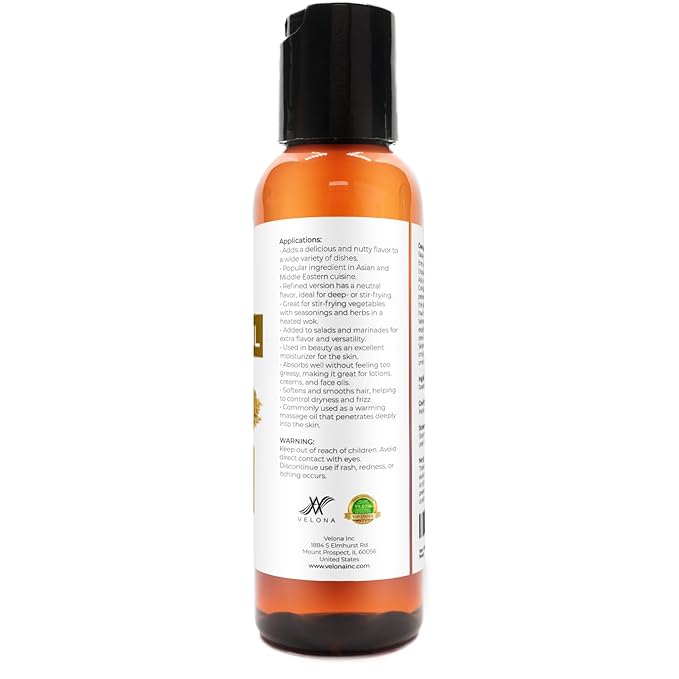 Sesame Seed Oil by Velona - 2 fl oz | 100% Pure and Natural Carrier Oil | Refined, Expeller Pressed
