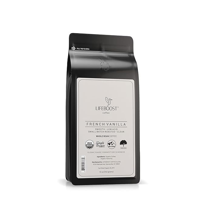 Lifeboost Whole Bean French Vanilla Coffee - Low Acid Single Origin Non-GMO Organic Coffee - Third