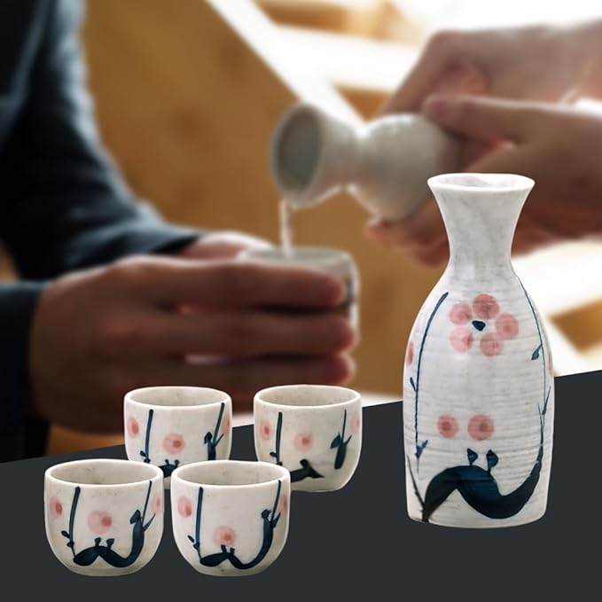 JapanBargain 4979, Japanese Porcelain Plum Sake Set Sake Carafe Bottle Sake Cups for Serving Hot