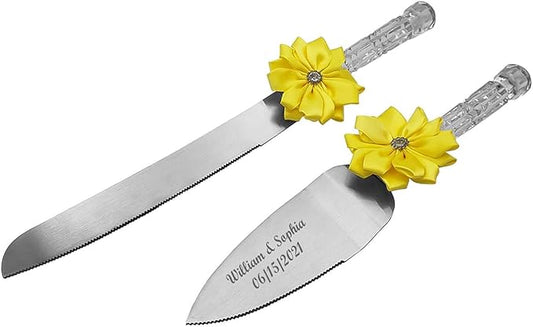 GIFTS INFINITY® Personalized Wedding Cake Knife and Server Set Free Engraving (Lime Yellow)
