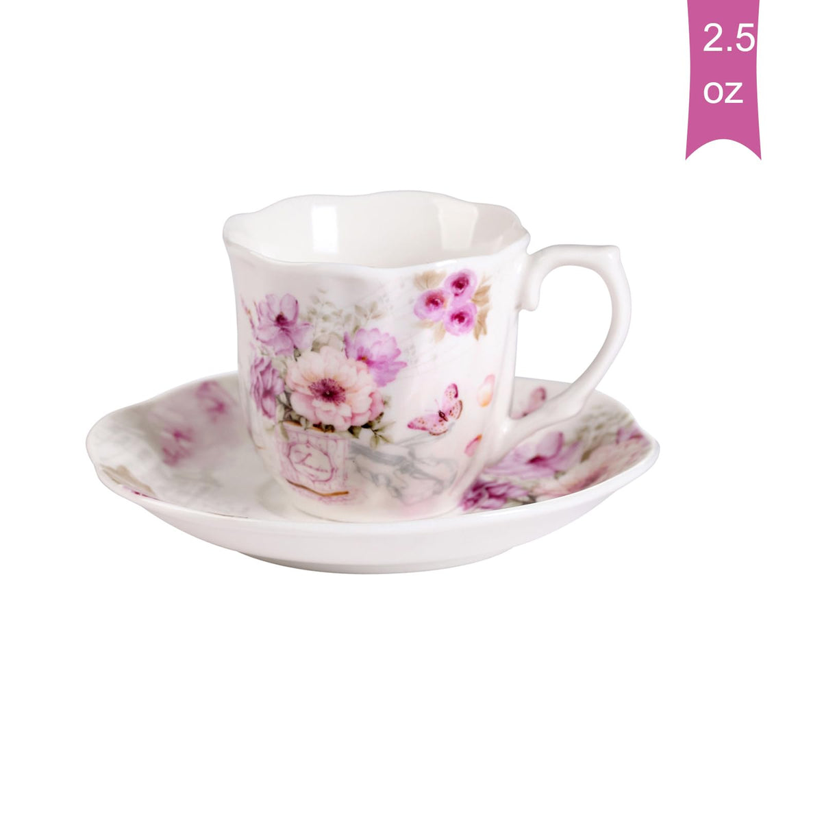 GuangYang 2.5 oz Porcelain Espresso Cups and Saucers Set – Floral Design, Purple Pattern