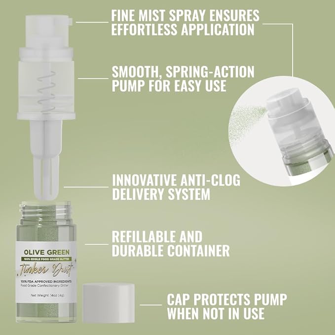 Bakell - Olive Green Tinker Dust (4g, 1x Mini Spray Pump) Edible Glitter for Food, Desserts, and