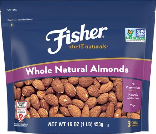 Fisher Chef's Naturals Unsalted Whole Almonds 16oz Resealable Bag, Raw Nuts Perfect for Cooking