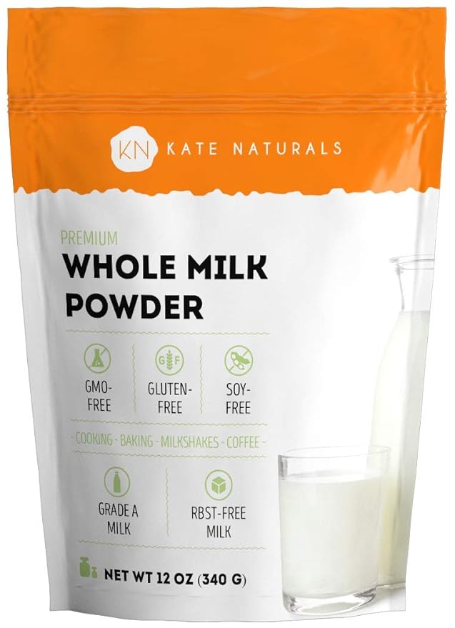 Kate Naturals Dry Whole Milk Powder for Baking, Coffee & Milkshakes (12oz) RBST-Free, Made in USA
