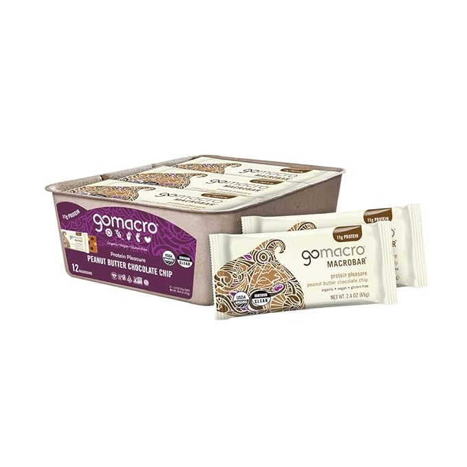 GoMacro MacroBar Organic Vegan Protein Bars - Peanut Butter Chocolate Chip (2.4 Ounce Bars, 12