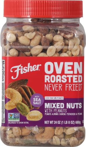 Fisher Oven Roasted Never Fried Mixed Nuts with Peanuts, 24 Ounces (Pack of 2), Peanuts, Almonds