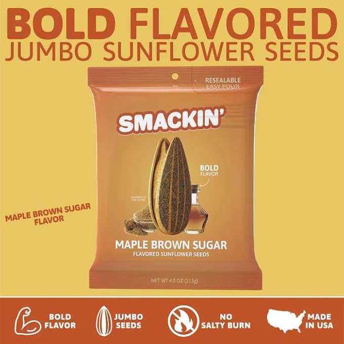 SMACKIN' Sunflower Seeds, Roasted Jumbo Small-Batch, American Made - Maple Brown Sugar. 4oz bags