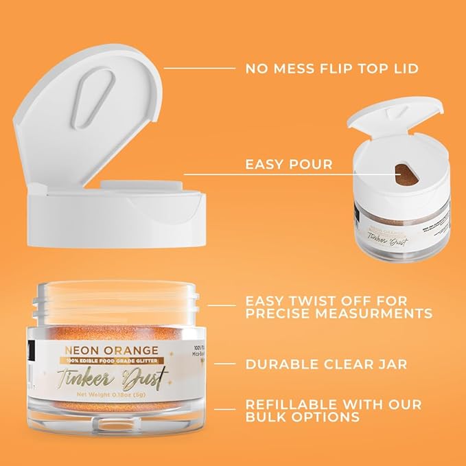 Bakell - Neon Orange Tinker Dust (5g, 1x Jar) Edible Glitter for Food, Desserts, and Beverages!