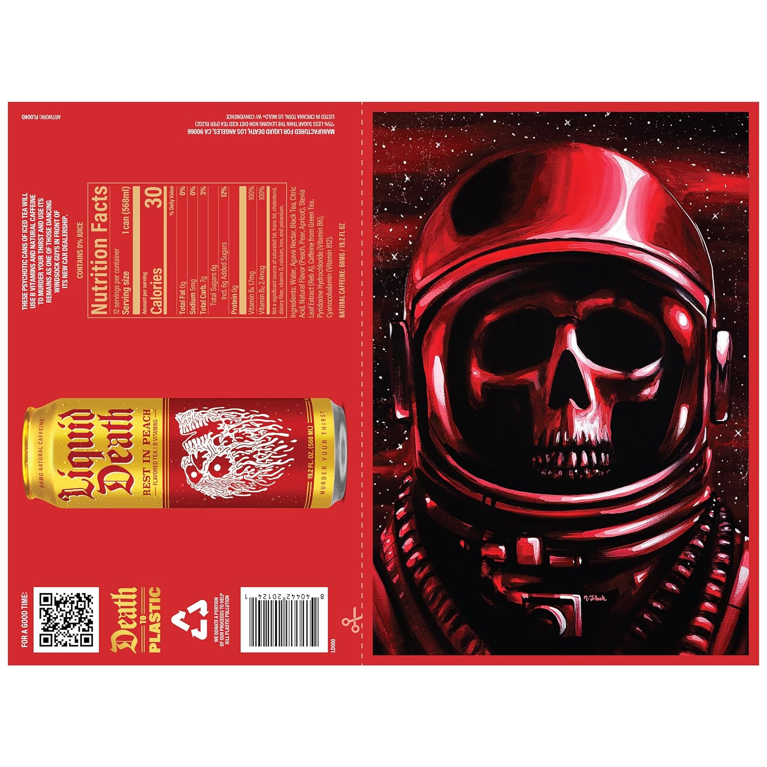 Liquid Death Iced Tea - Rest In Peach (Peach-Flavored Black Tea), King Size, 19.2 Fl Oz, Pack of 12