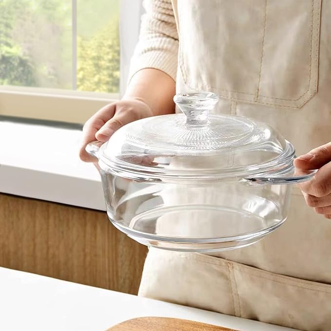 Clear Round Glass Casserole with Lid, Baking Dish with Glass Cover, Glass Casserole for Oven