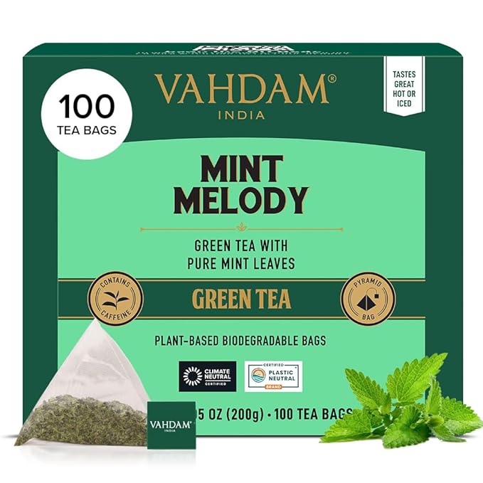 VAHDAM, Mint Green Tea Bags (100 Count) 100% Pure Leaf Tea, High Grown, Low Caffeine, Non GMO