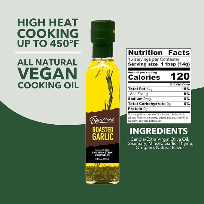 Benissimo Roasted Garlic Herb Infused Oil, All Natural Gourmet Cooking Oil with Slow-Roasted Garlic