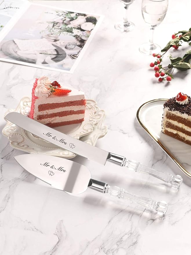 AW BRIDAL Mr Mrs Wedding Cake Knife and Server Set, Silver Cake Cutting Set for Wedding, Pie Cutter