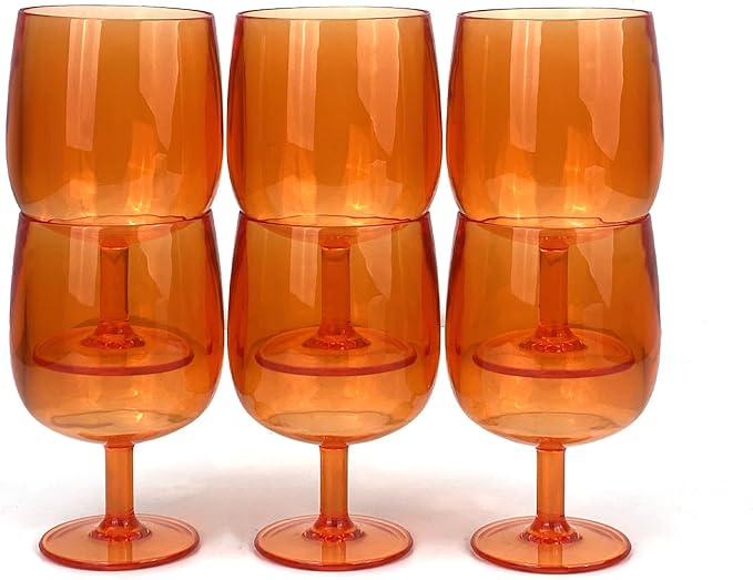 Yalin Set of 6 Unbreakable 12 oz Acrylic Plastic Wine and Water Tumbler Stackable Goblets. (Orange
