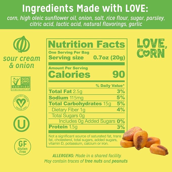 LOVE CORN Sour Cream & Onion 0.7oz x 20 Bags - Delicious Crunchy Corn - Healthy Family Snacks