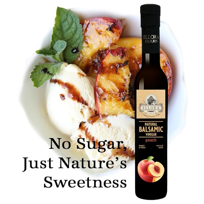 Ellora Farms, Peach fruit Infused Greek Balsamic Vinegar, thick and creamy, no-added sugars