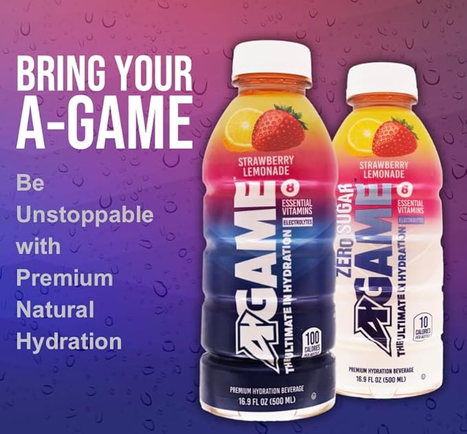 A-Game Zero Sugar Sports Drink, Strawberry Lemonade Zero, Sugar Free Hydration Sports Beverage, 8