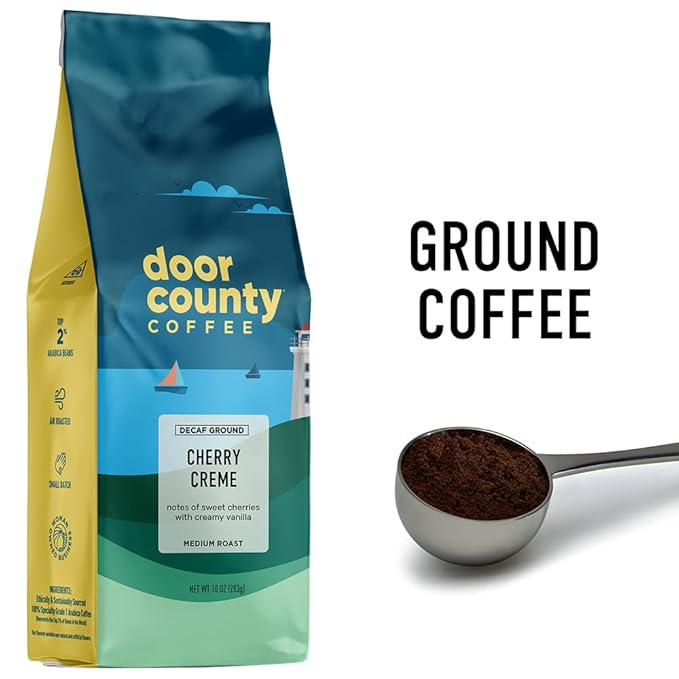 Door County Coffee Cherry Creme DECAF Flavored Coffee - 10oz Bag - Ground Medium Roast - 100%