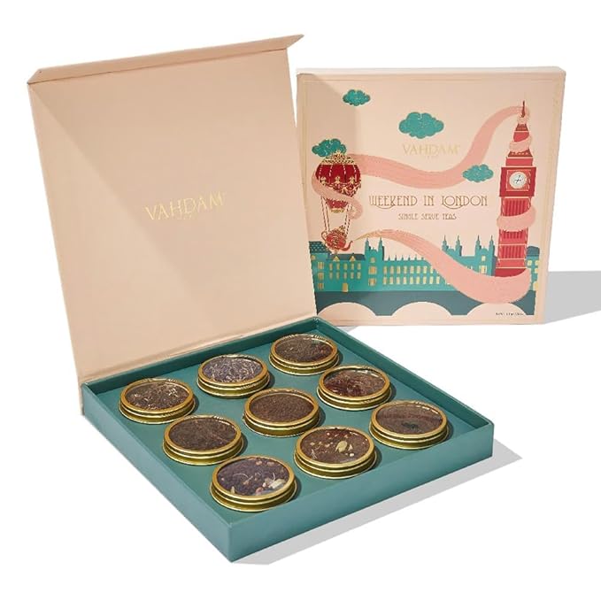VAHDAM Weekend in London Tea Gift Set – Travel Edition Gift Box | 9 Varieties of Chai & Black Tea |