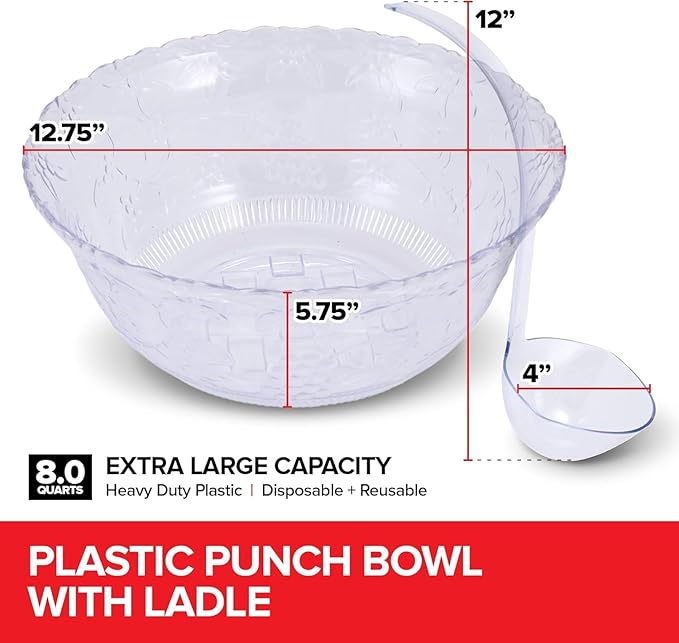 Premium Plastic Punch Bowl with Ladle, Fancy Disposable Punch Bowls for Parties, Holidays, Schools