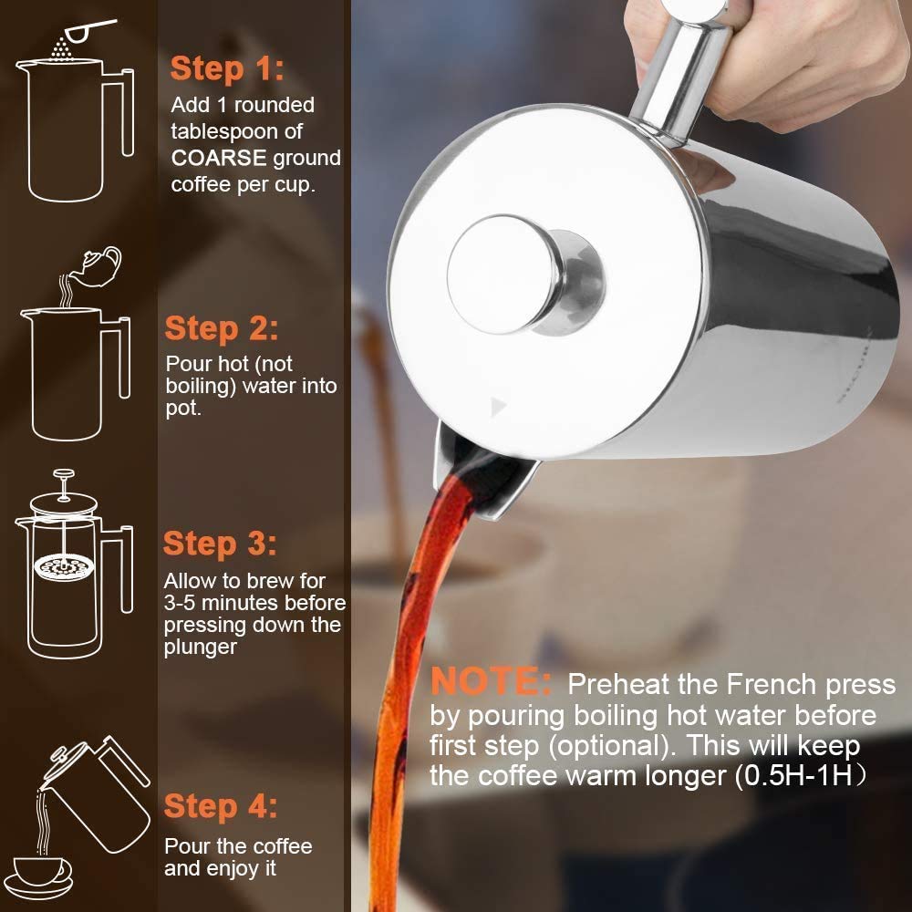 Secura French Press Coffee Maker, 304 Grade Stainless Steel Insulated Coffee Press with 2 Extra