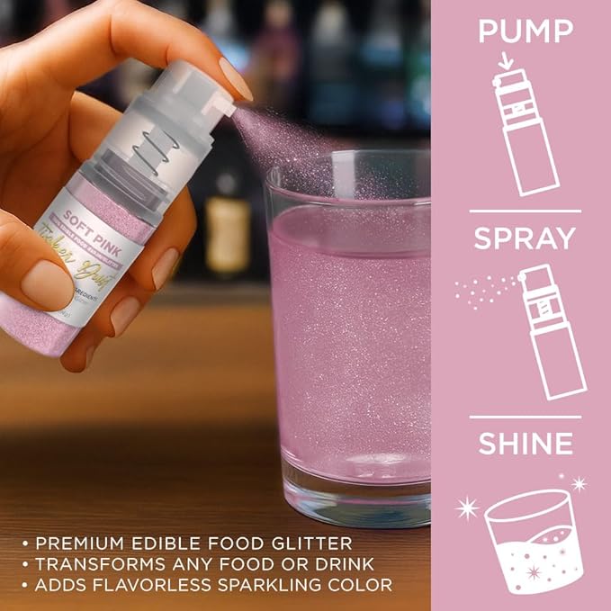 Bakell - Soft Pink Tinker Dust (4g, 1x Mini Spray Pump) Edible Glitter for Food, Desserts, and