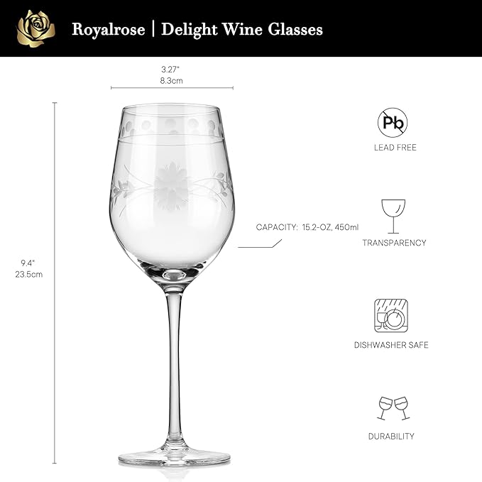 Premium Delight Wine Glasses Set of 4,15 oz – Hand-Blown with Etched Long Stem, Classic Glassware