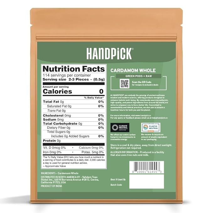 HANDPICK Green Cardamom Pods (57g / 2oz) Large size Green Elaichi | Pure, Non-GMO, Gluten Free |
